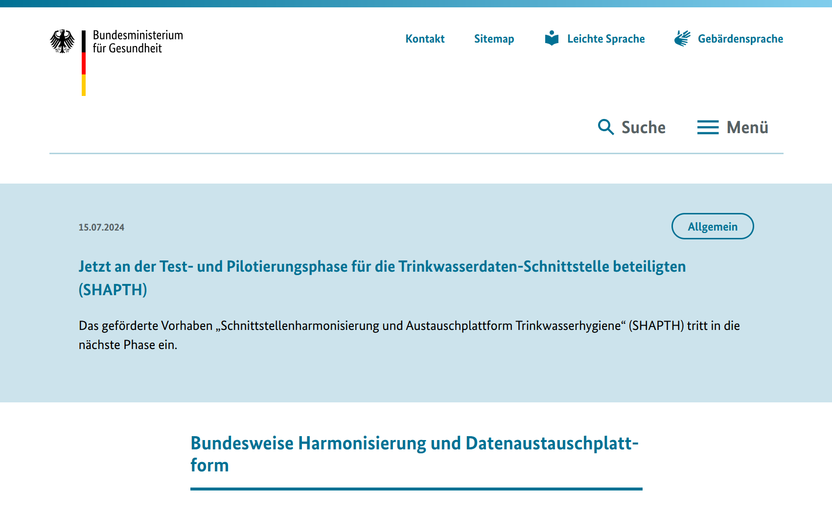 Jetzt an der Test- und Pilotierungsphase für die Trinkwasserdaten-Schnittstelle beteiligten (SHAPTH) 